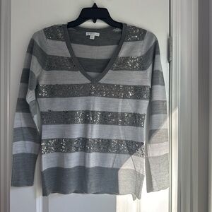 New York & Company Gray Sequin Striped Top